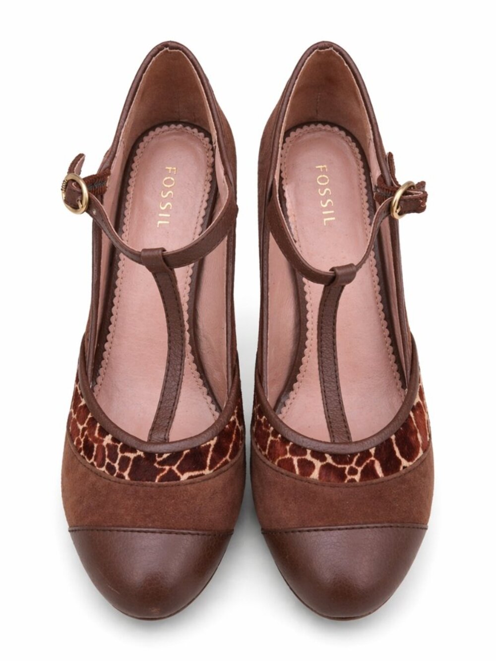 Fossil Brown T-Strap Mary Jane Heels Giraffe Print Leather Size 8.5
